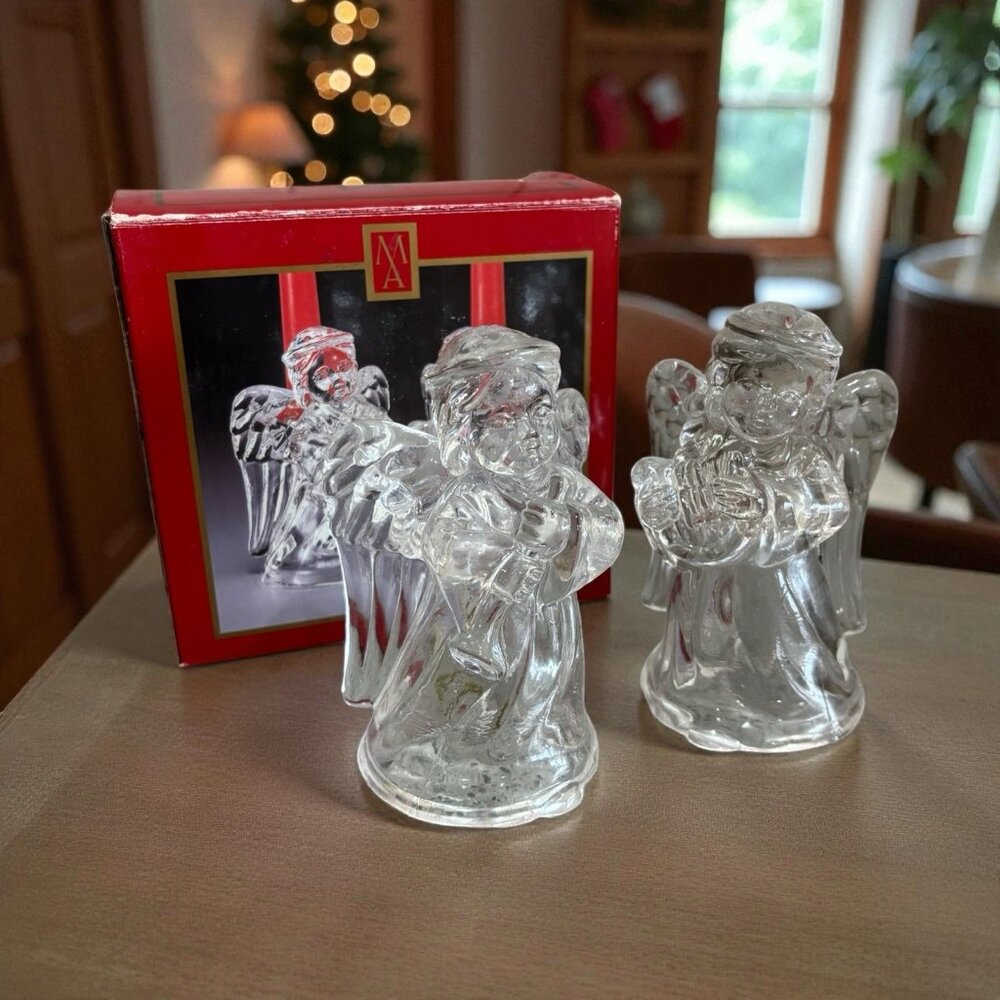 Vintage 2 Madison Avenue 5" Glass Christmas Angels Candle Holders W Box Decor